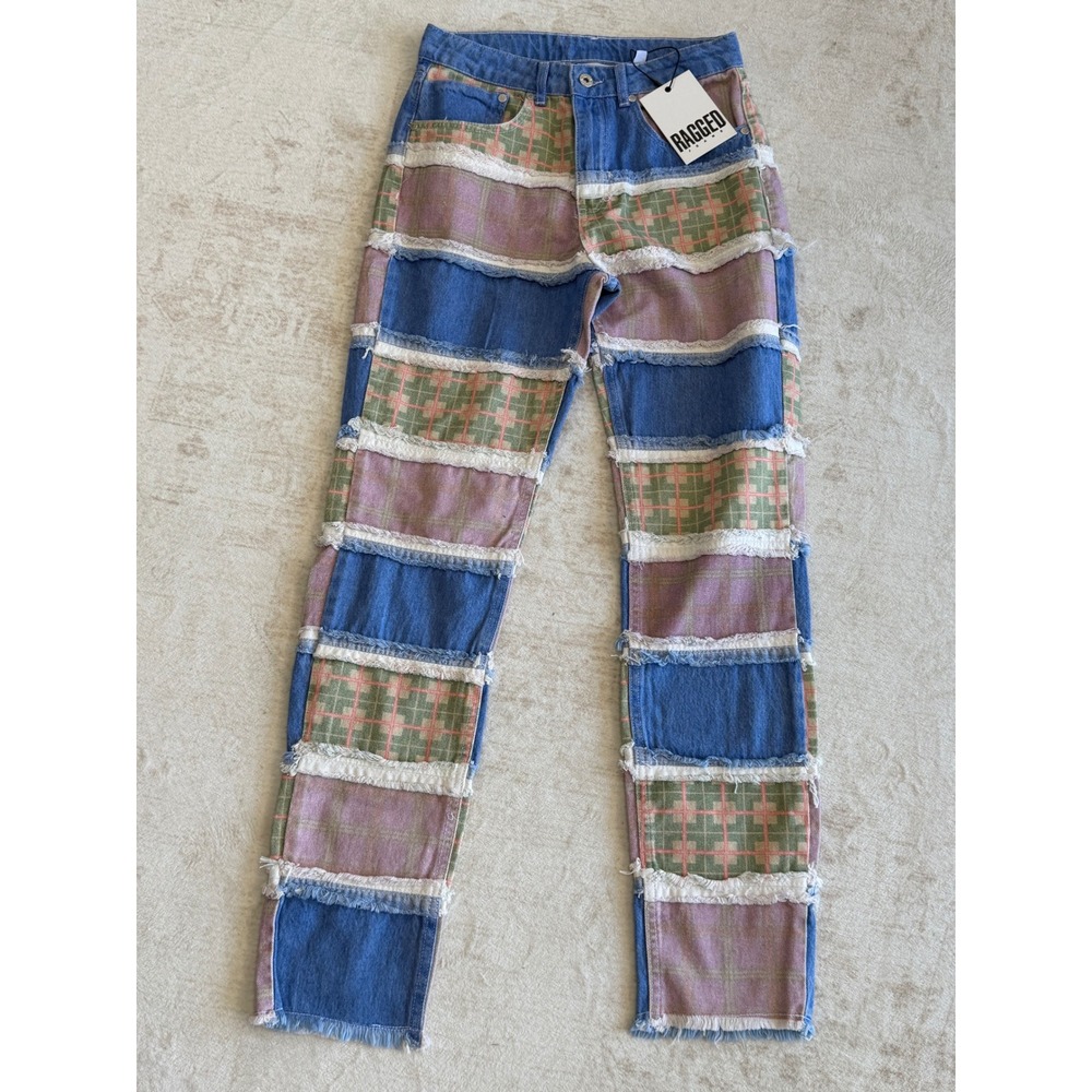 The Ragged Priest Vision Jeans Multi Color Patchwork Plaid Denim US 6 NEW